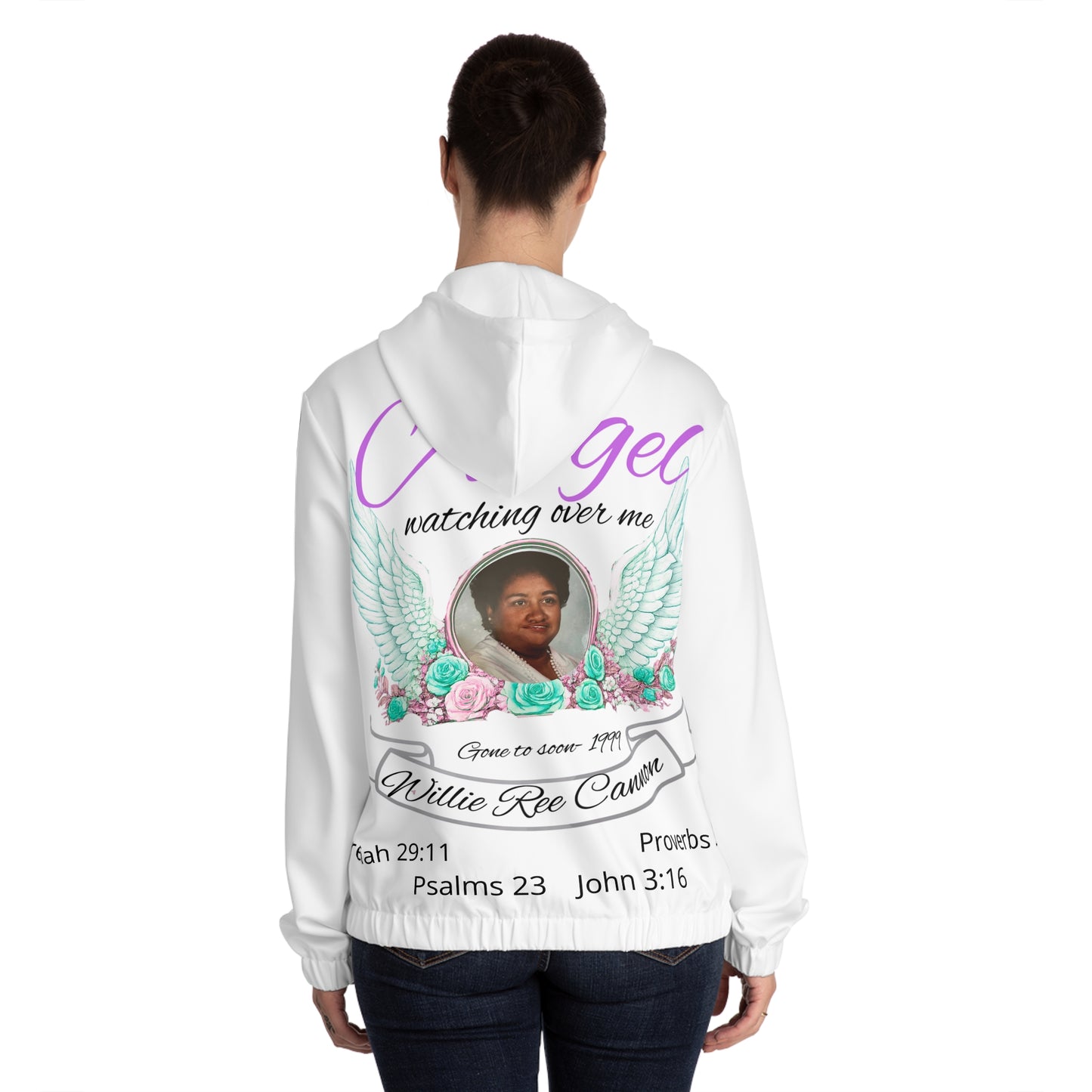 This is not a basic hoodie. It is a full all-over memorial keepsake designed with artwork across the front, back  — created to honor love that did not end.Memorial Hoodie - "I Have an Angel Watching Over Me" Personalized Tribute