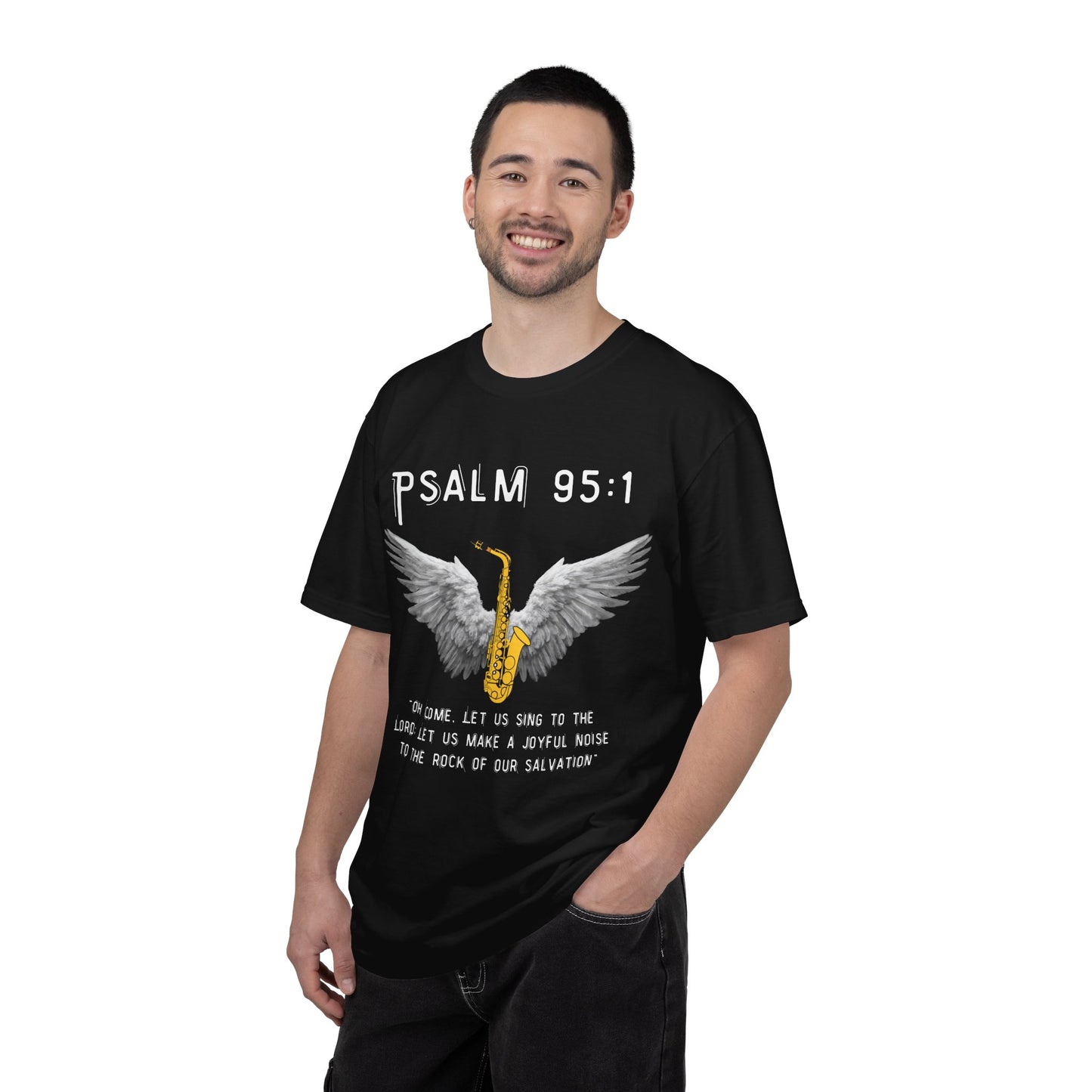 Christian T‑Shirt Psalm 95:1 Saxophone Wings — 'O Come, Let Us Sing' Worship Tee
