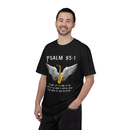 Christian T‑Shirt Psalm 95:1 Saxophone Wings — 'O Come, Let Us Sing' Worship Tee