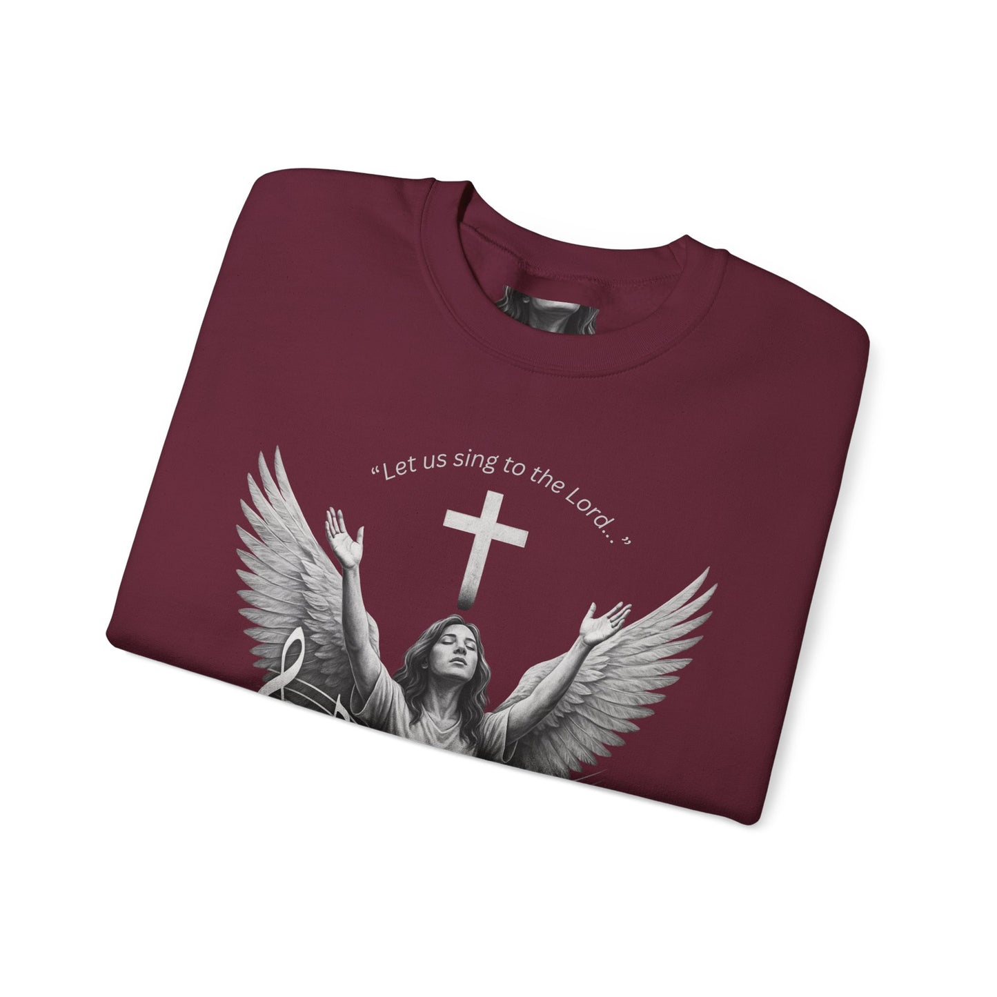 Christian Crewneck Sweatshirt – Psalm 95:1 Angel Wings Cross Music Design