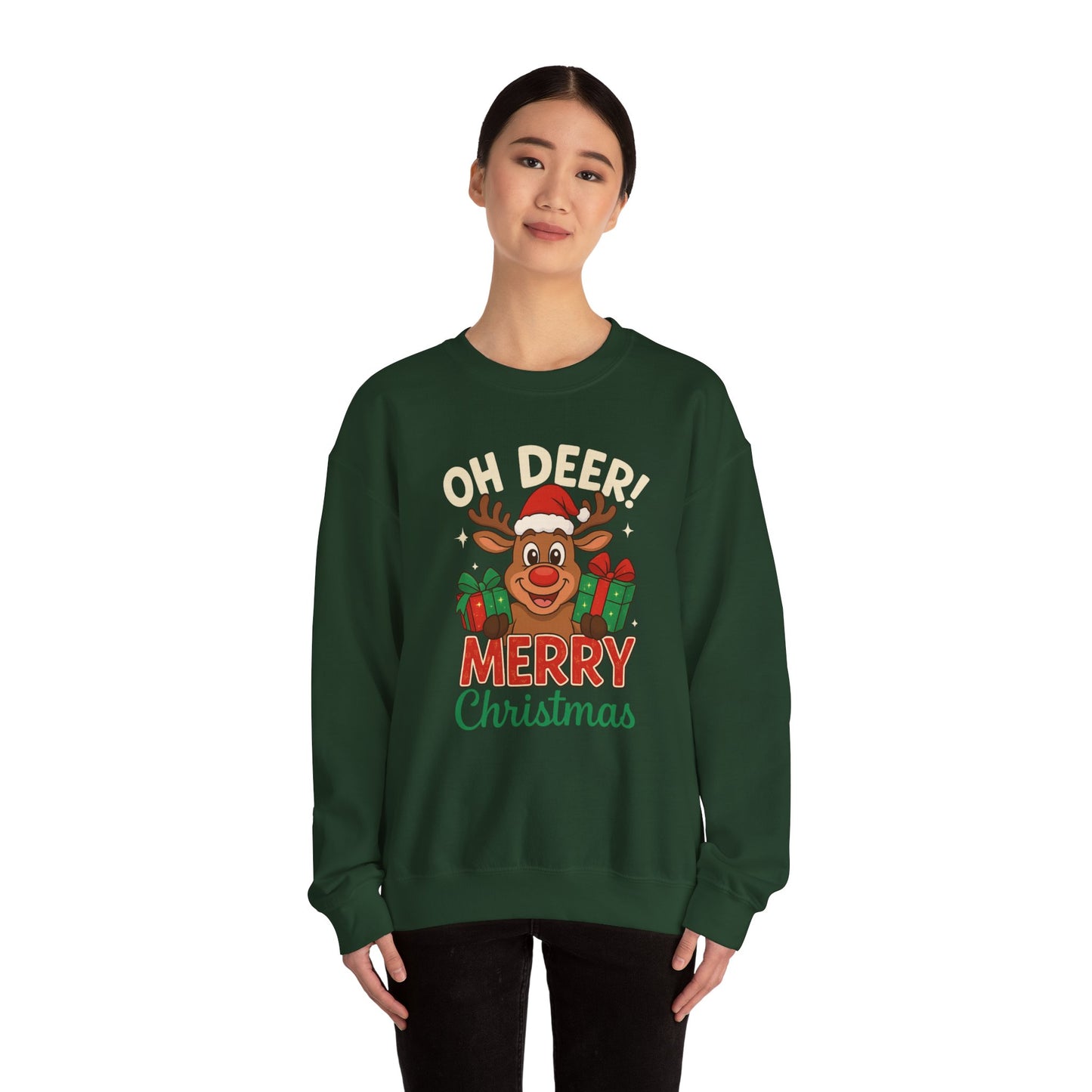 Crewneck Sweatshirt - Oh Deer! Merry Christmas — Cute Reindeer Holiday Crewneck