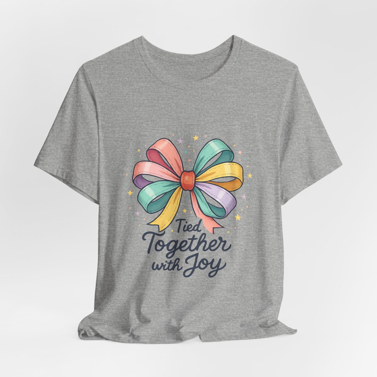 T-Shirt — "Tied Together With Joy" Rainbow Bow Graphic Tee