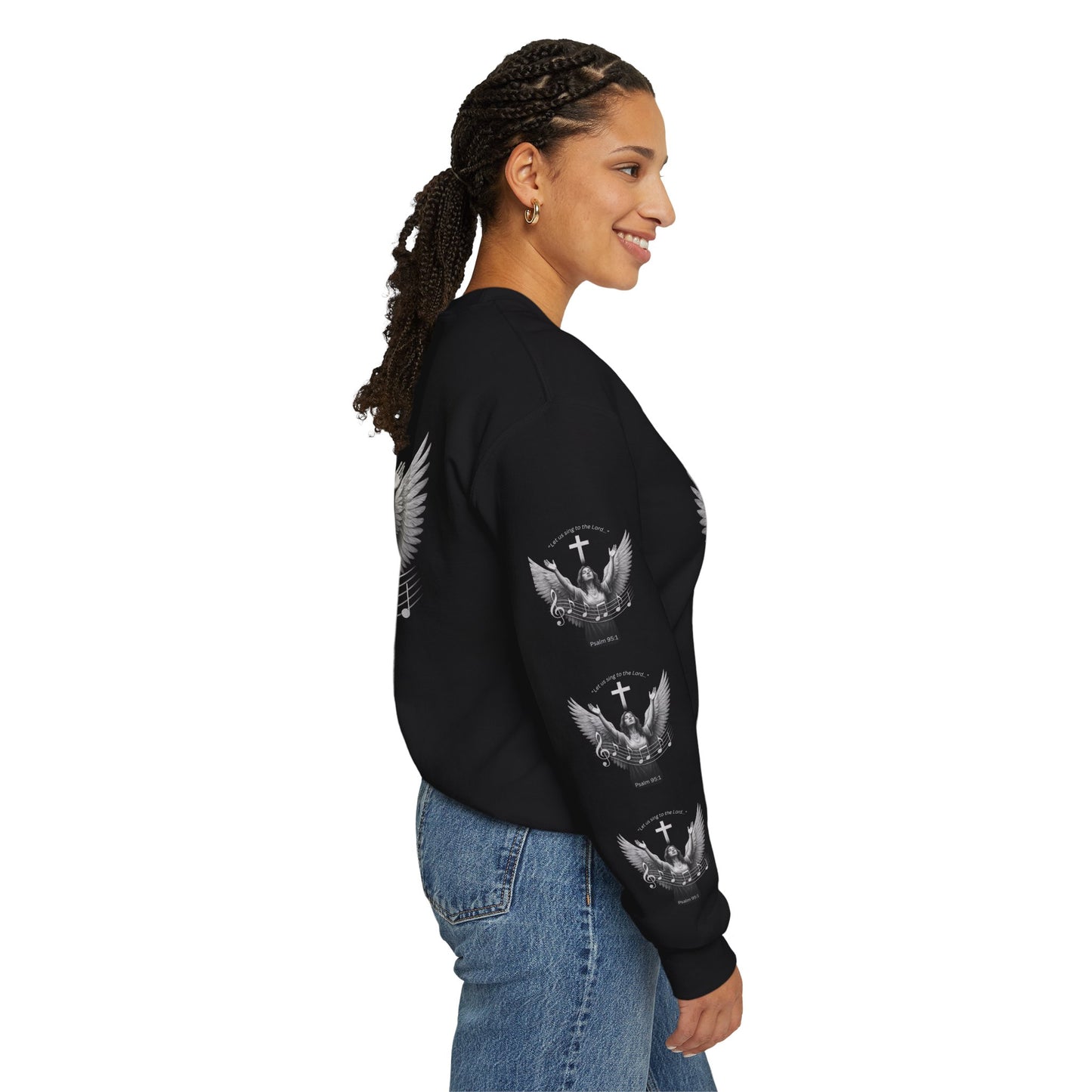 Christian Crewneck Sweatshirt – Psalm 95:1 Angel Wings Cross Music Design