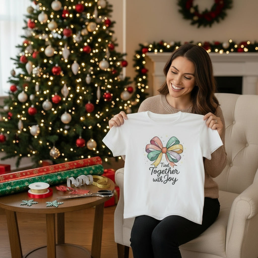 T-Shirt — "Tied Together With Joy" Rainbow Bow Graphic Tee