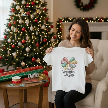 T-Shirt — "Tied Together With Joy" Rainbow Bow Graphic Tee