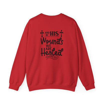Christian Sweatshirt, "In The Waiting There Was Jesus" Cross Crewneck (Back: "By His Wounds We Are Healed")