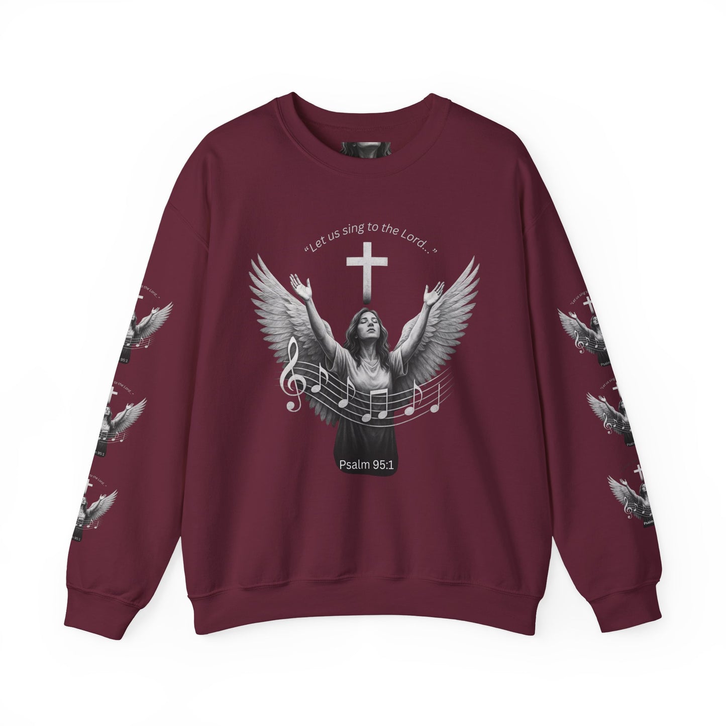 Christian Crewneck Sweatshirt – Psalm 95:1 Angel Wings Cross Music Design