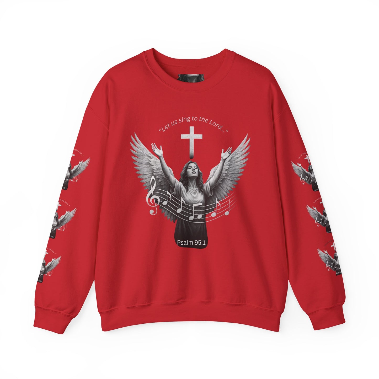 Christian Crewneck Sweatshirt – Psalm 95:1 Angel Wings Cross Music Design