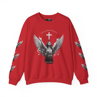 Christian Crewneck Sweatshirt – Psalm 95:1 Angel Wings Cross Music Design