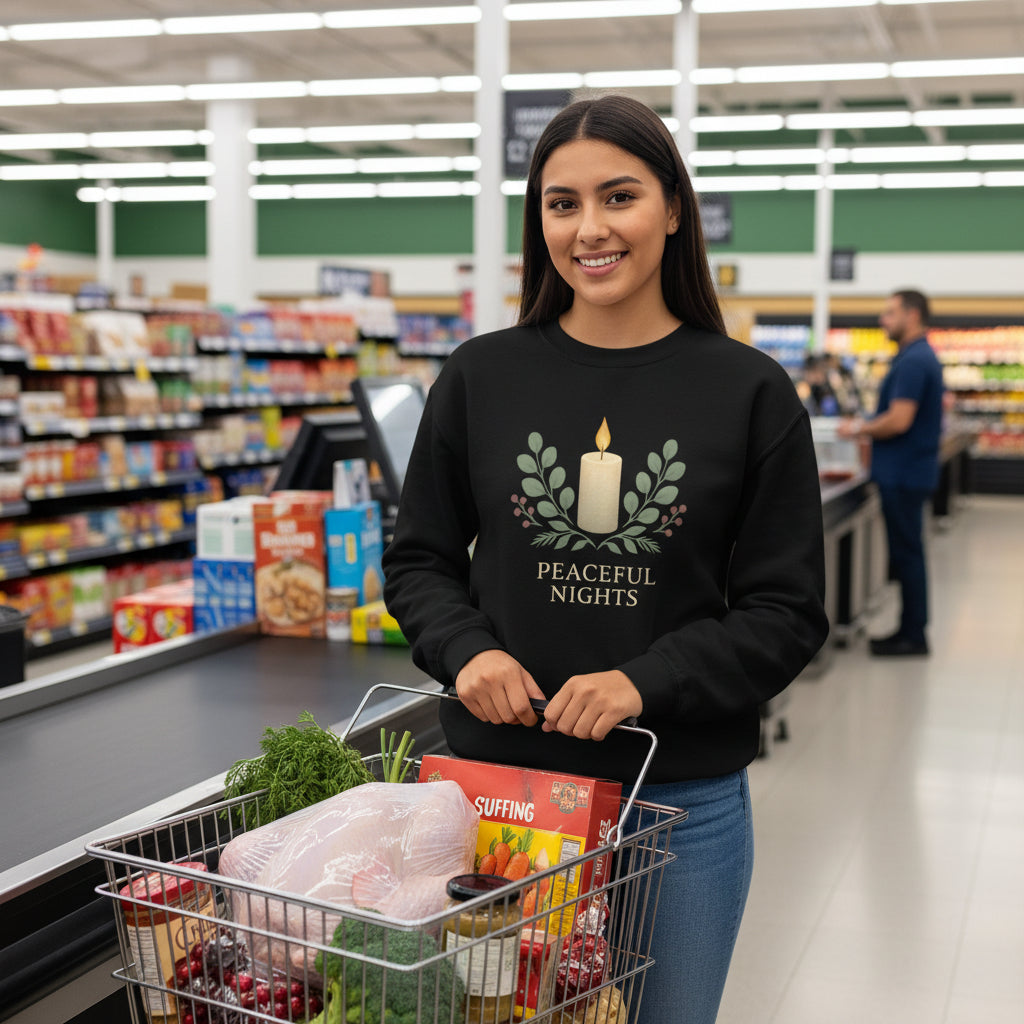 Peaceful Nights Neutral Scandinavian Christmas Crewneck Sweatshirt — Cozy Hygge Holiday Sweatshirt
