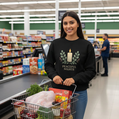 Peaceful Nights Neutral Scandinavian Christmas Crewneck Sweatshirt — Cozy Hygge Holiday Sweatshirt