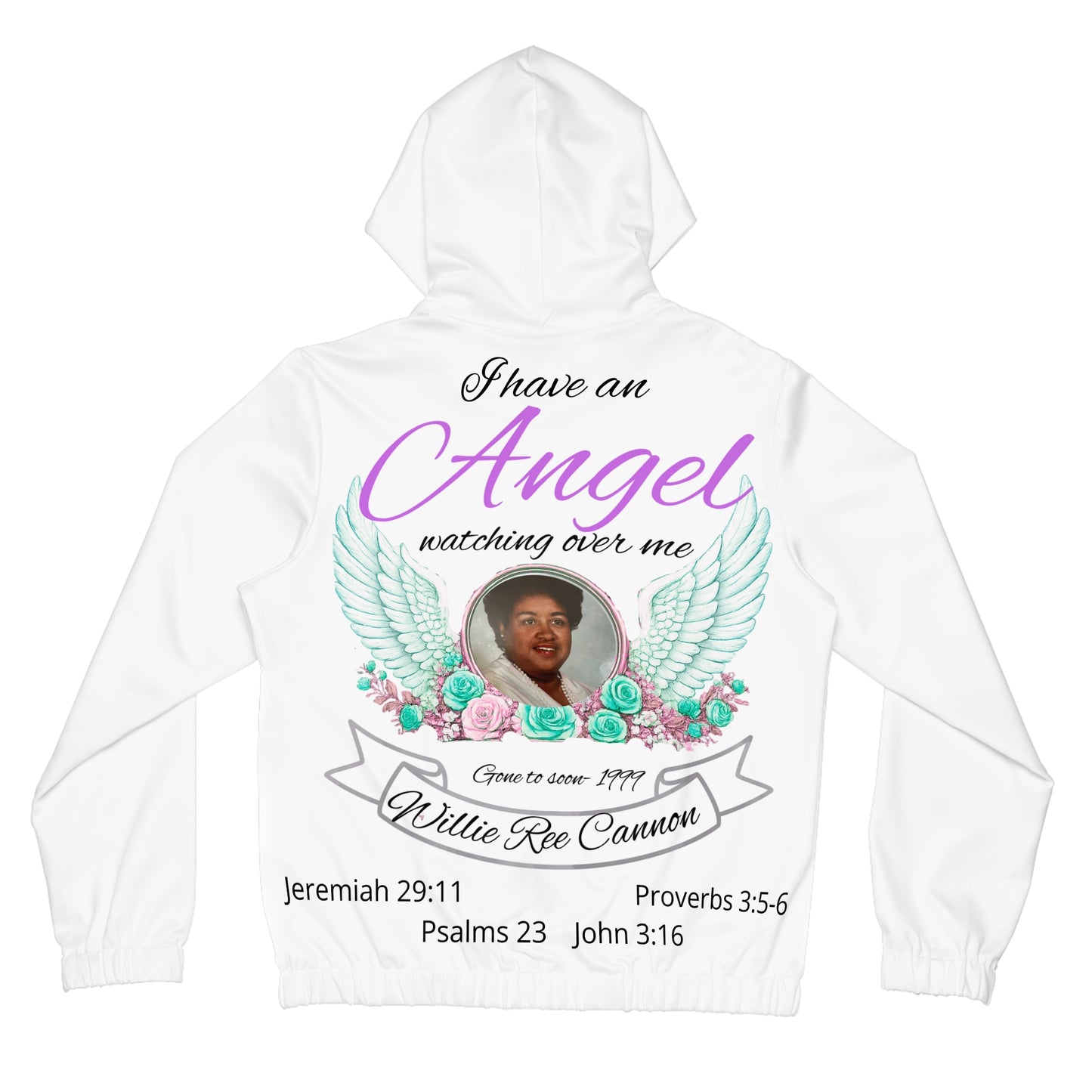 This is not a basic hoodie. It is a full all-over memorial keepsake designed with artwork across the front, back  — created to honor love that did not end.Memorial Hoodie - "I Have an Angel Watching Over Me" Personalized Tribute