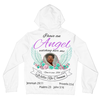 This is not a basic hoodie. It is a full all-over memorial keepsake designed with artwork across the front, back  — created to honor love that did not end.Memorial Hoodie - "I Have an Angel Watching Over Me" Personalized Tribute