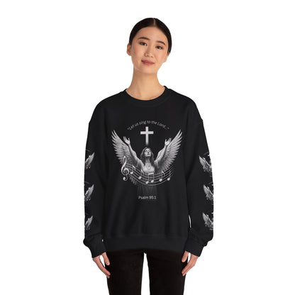Christian Crewneck Sweatshirt – Psalm 95:1 Angel Wings Cross Music Design