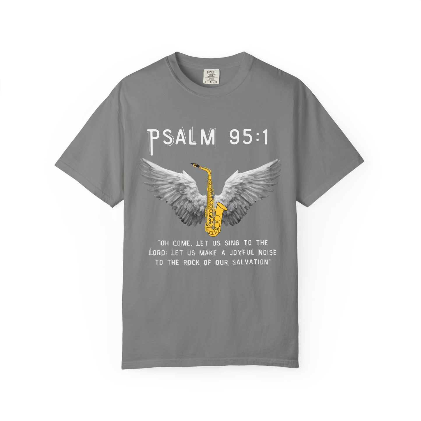 Christian T‑Shirt Psalm 95:1 Saxophone Wings — 'O Come, Let Us Sing' Worship Tee