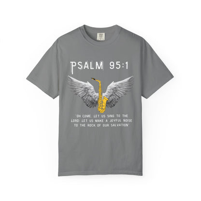 Christian T‑Shirt Psalm 95:1 Saxophone Wings — 'O Come, Let Us Sing' Worship Tee