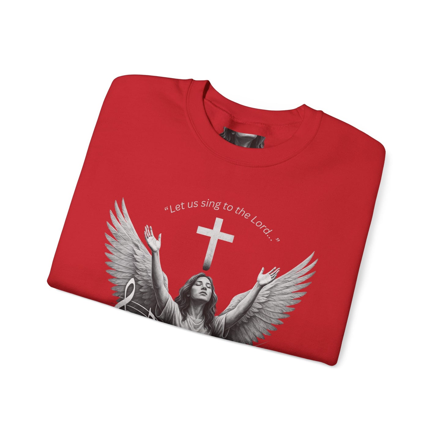 Christian Crewneck Sweatshirt – Psalm 95:1 Angel Wings Cross Music Design