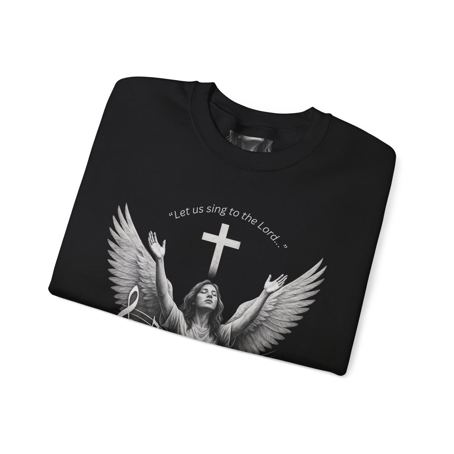 Christian Crewneck Sweatshirt – Psalm 95:1 Angel Wings Cross Music Design