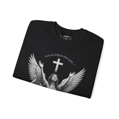 Christian Crewneck Sweatshirt – Psalm 95:1 Angel Wings Cross Music Design