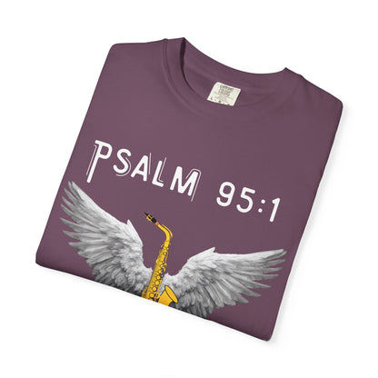 Christian T‑Shirt Psalm 95:1 Saxophone Wings — 'O Come, Let Us Sing' Worship Tee
