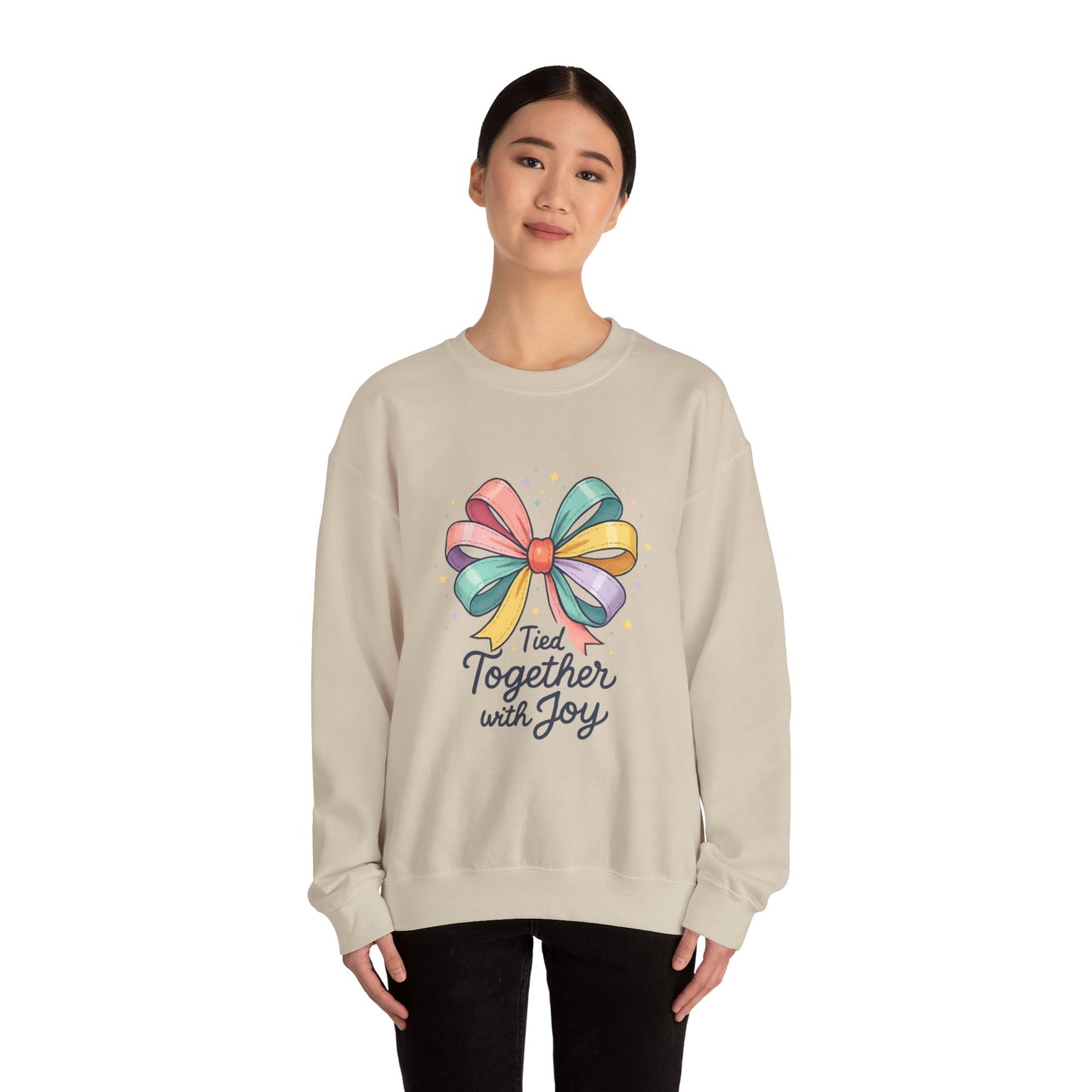 Tied Together With Joy Sweatshirt — Rainbow Bow Crewneck Gift