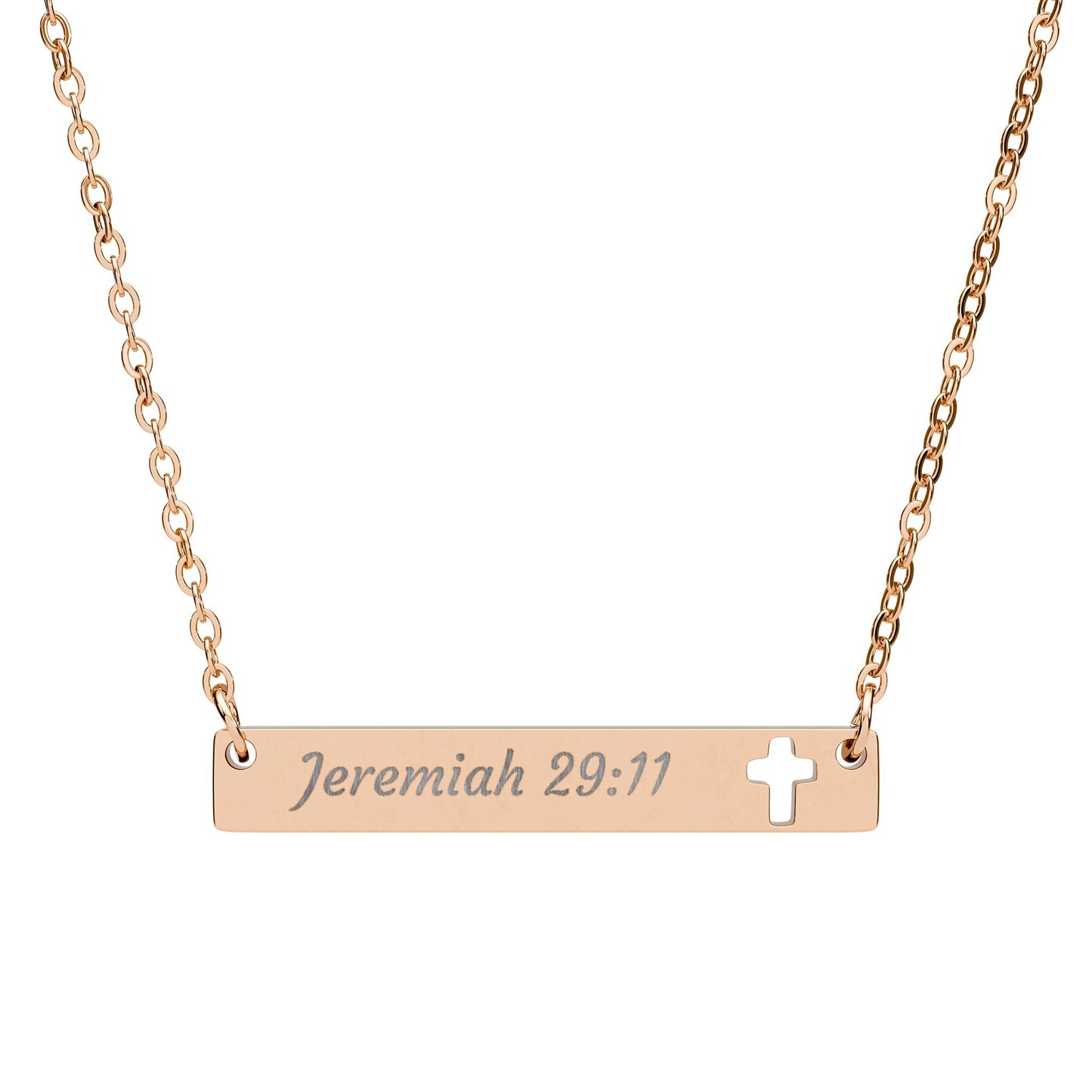 Engraved Cutout Cross Bar Necklace — “Jeremiah 29:11” Christian Pendant