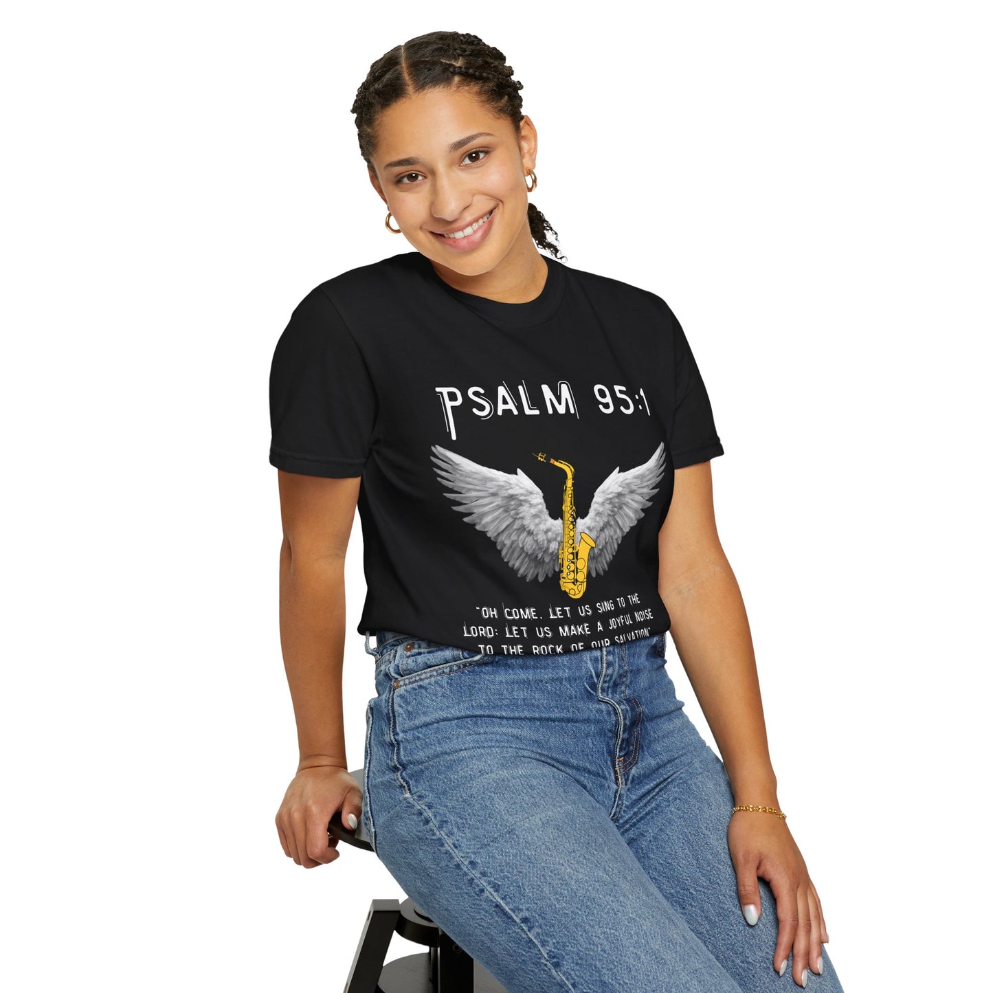 Christian T‑Shirt Psalm 95:1 Saxophone Wings — 'O Come, Let Us Sing' Worship Tee