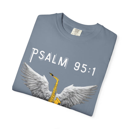Christian T‑Shirt Psalm 95:1 Saxophone Wings — 'O Come, Let Us Sing' Worship Tee