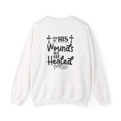 Christian Sweatshirt, "In The Waiting There Was Jesus" Cross Crewneck (Back: "By His Wounds We Are Healed")