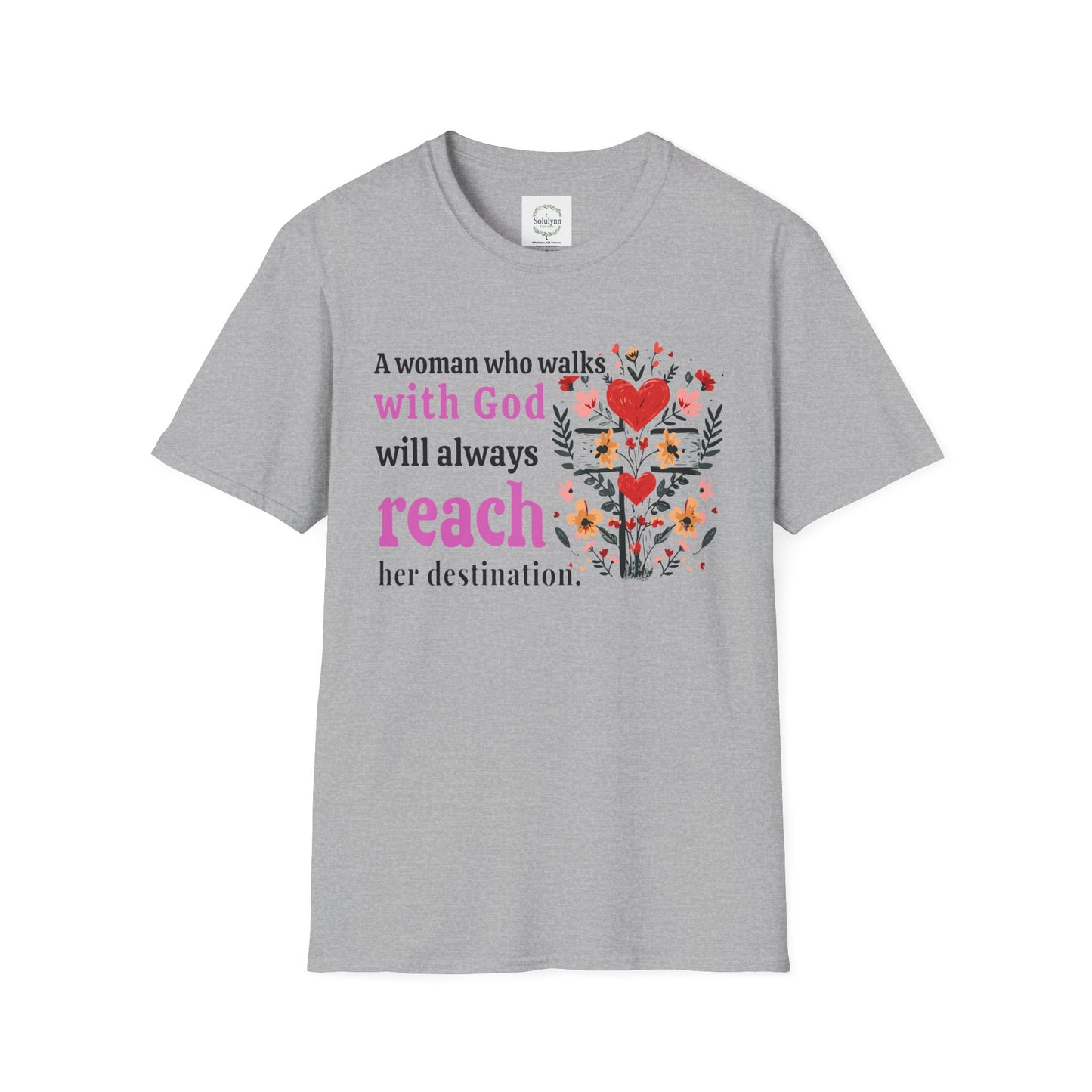 Christian Women’s Inspirational T-Shirt — “A woman who walks with God will always reach her destination” Floral Faith Tee