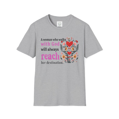 Christian Women’s Inspirational T-Shirt — “A woman who walks with God will always reach her destination” Floral Faith Tee