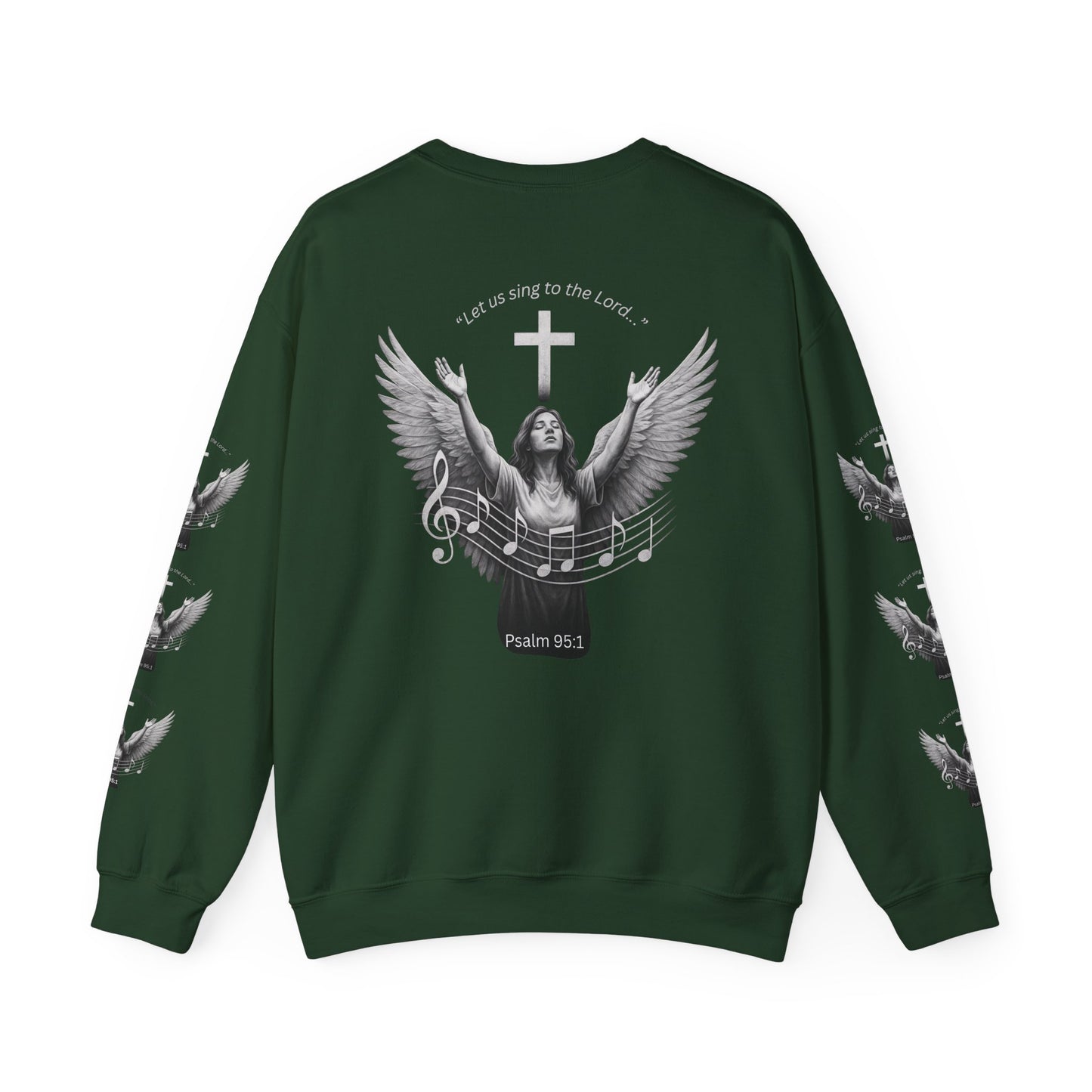 Christian Crewneck Sweatshirt – Psalm 95:1 Angel Wings Cross Music Design