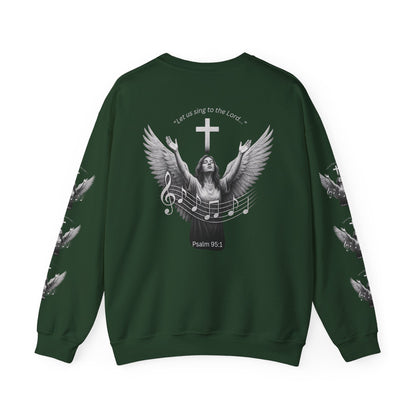 Christian Crewneck Sweatshirt – Psalm 95:1 Angel Wings Cross Music Design