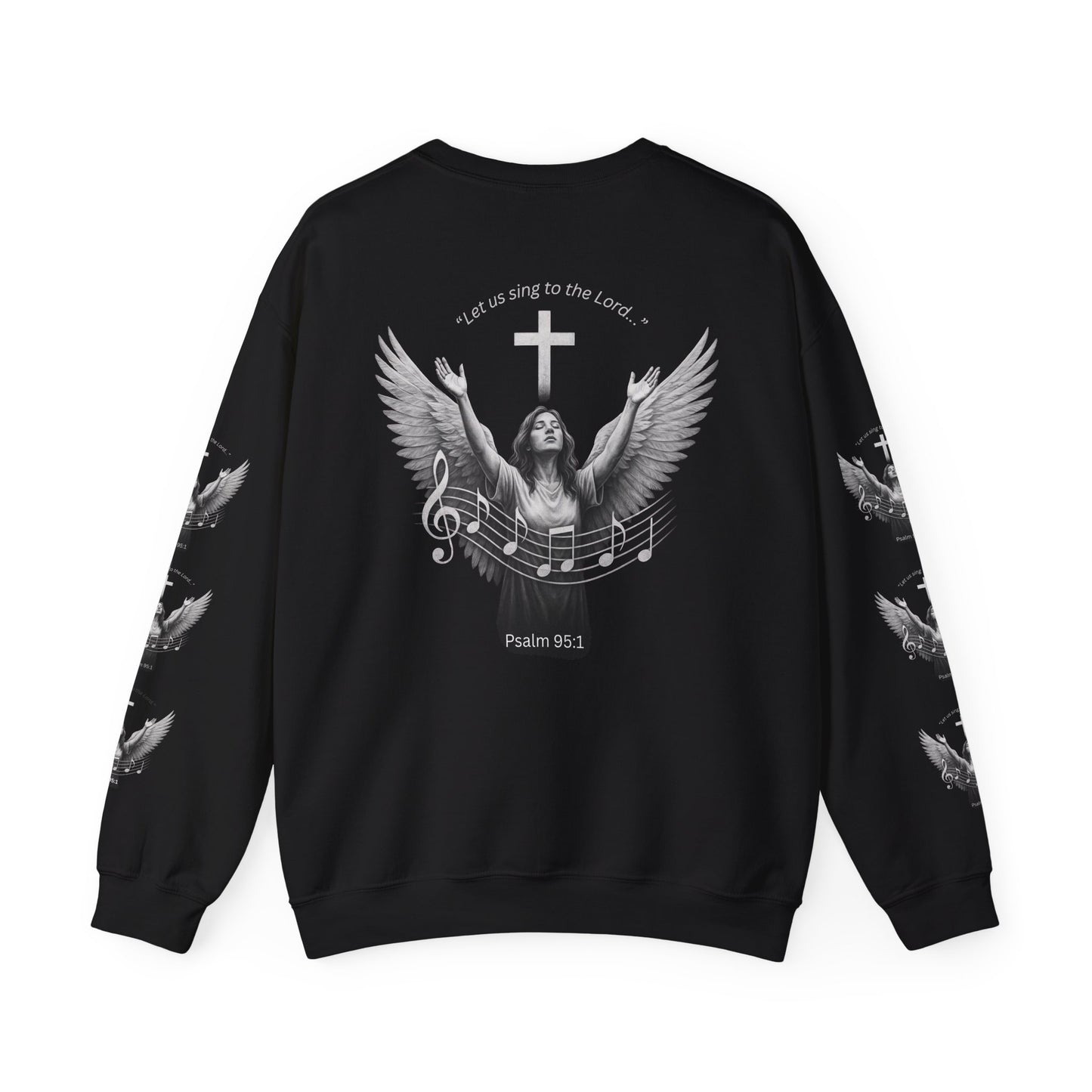 Christian Crewneck Sweatshirt – Psalm 95:1 Angel Wings Cross Music Design