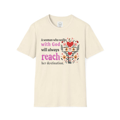 Christian Women’s Inspirational T-Shirt — “A woman who walks with God will always reach her destination” Floral Faith Tee