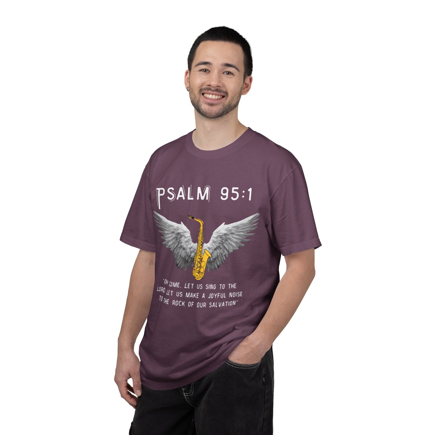 Christian T‑Shirt Psalm 95:1 Saxophone Wings — 'O Come, Let Us Sing' Worship Tee