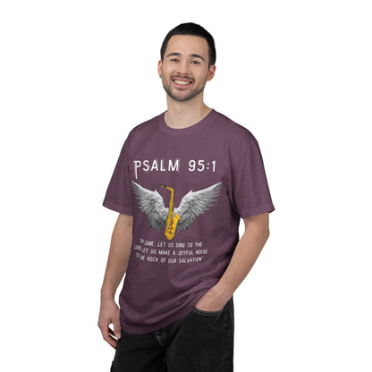 Christian T‑Shirt Psalm 95:1 Saxophone Wings — 'O Come, Let Us Sing' Worship Tee
