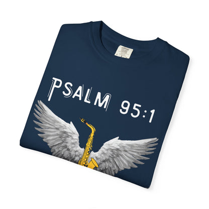 Christian T‑Shirt Psalm 95:1 Saxophone Wings — 'O Come, Let Us Sing' Worship Tee