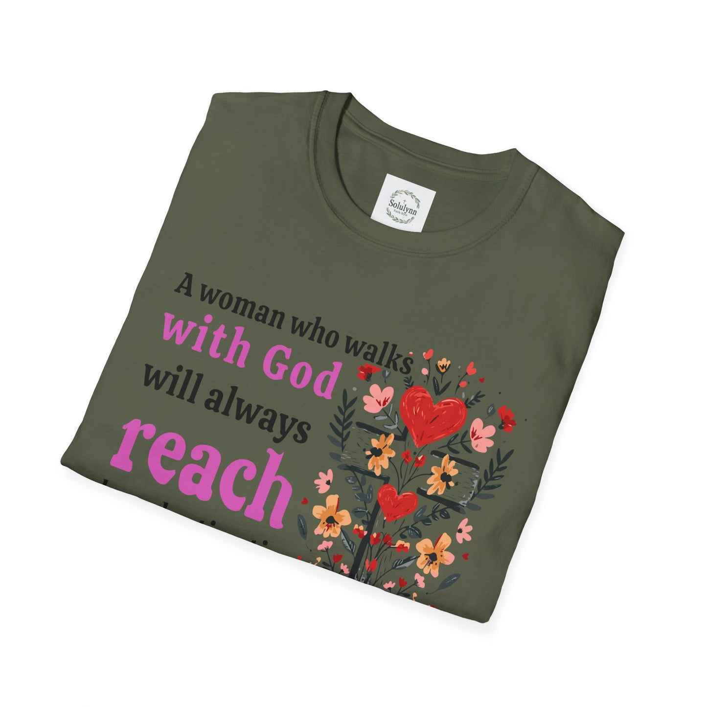 Christian Women’s Inspirational T-Shirt — “A woman who walks with God will always reach her destination” Floral Faith Tee