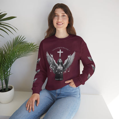 Christian Crewneck Sweatshirt – Psalm 95:1 Angel Wings Cross Music Design