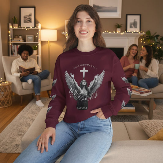 Christian Crewneck Sweatshirt – Psalm 95:1 Angel Wings Cross Music Design