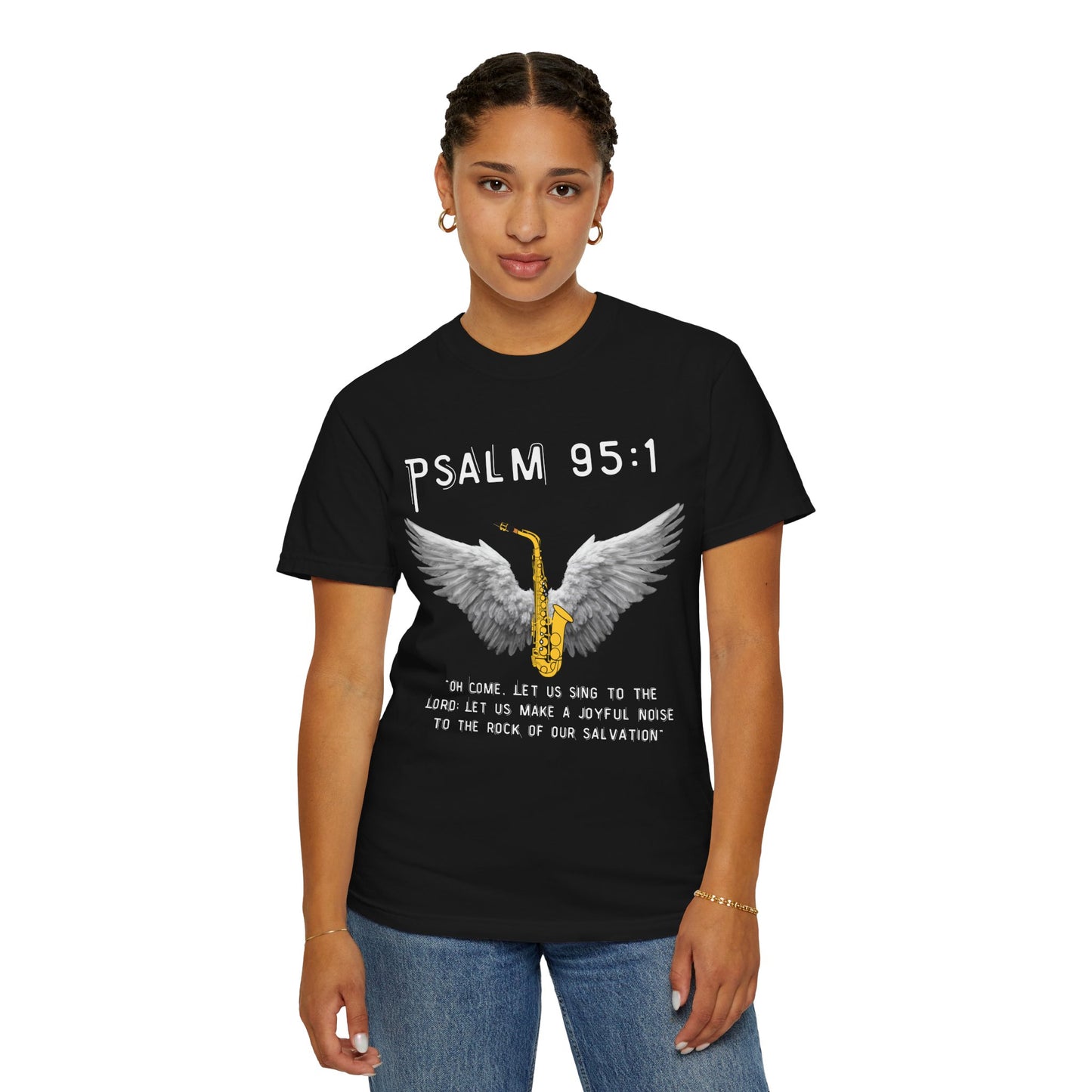 Christian T‑Shirt Psalm 95:1 Saxophone Wings — 'O Come, Let Us Sing' Worship Tee