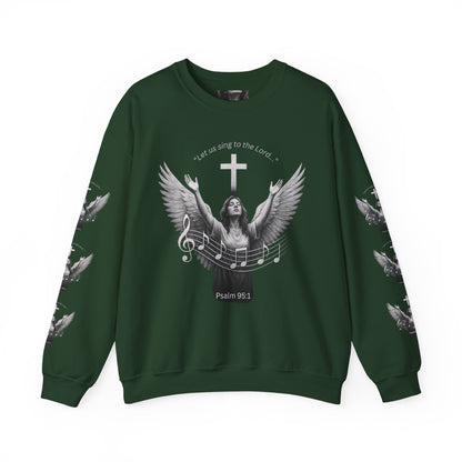 Christian Crewneck Sweatshirt – Psalm 95:1 Angel Wings Cross Music Design
