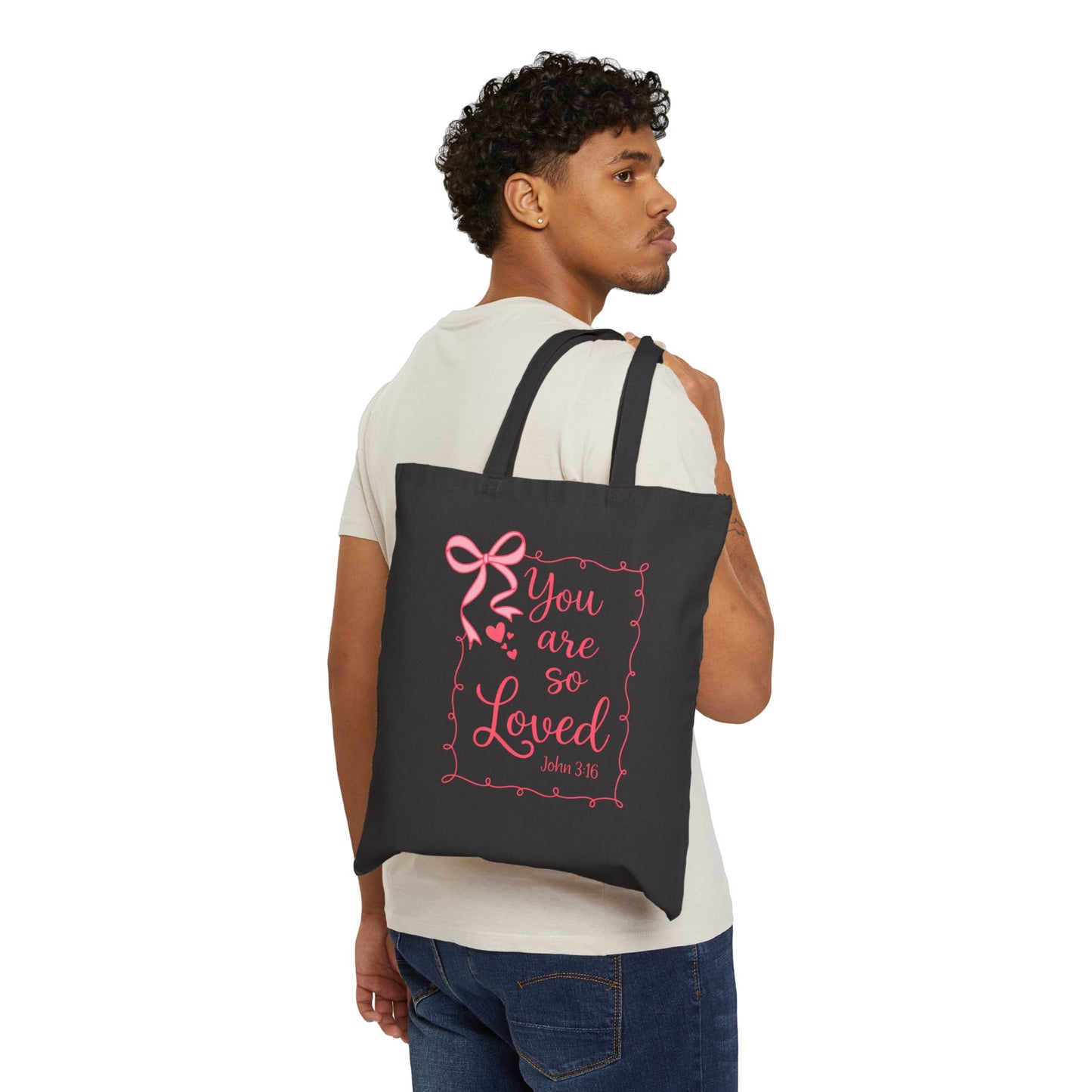 (John 3:16) You Are So Loved Canvas Tote Bag — Pink Script Inspirational Bible Verse