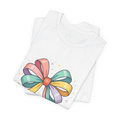 T-Shirt — "Tied Together With Joy" Rainbow Bow Graphic Tee