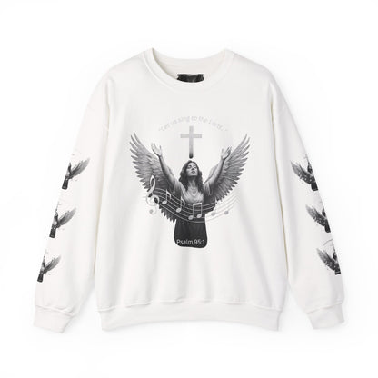 Christian Crewneck Sweatshirt – Psalm 95:1 Angel Wings Cross Music Design