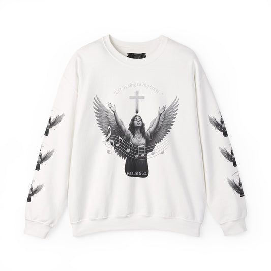 Christian Crewneck Sweatshirt – Psalm 95:1 Angel Wings Cross Music Design