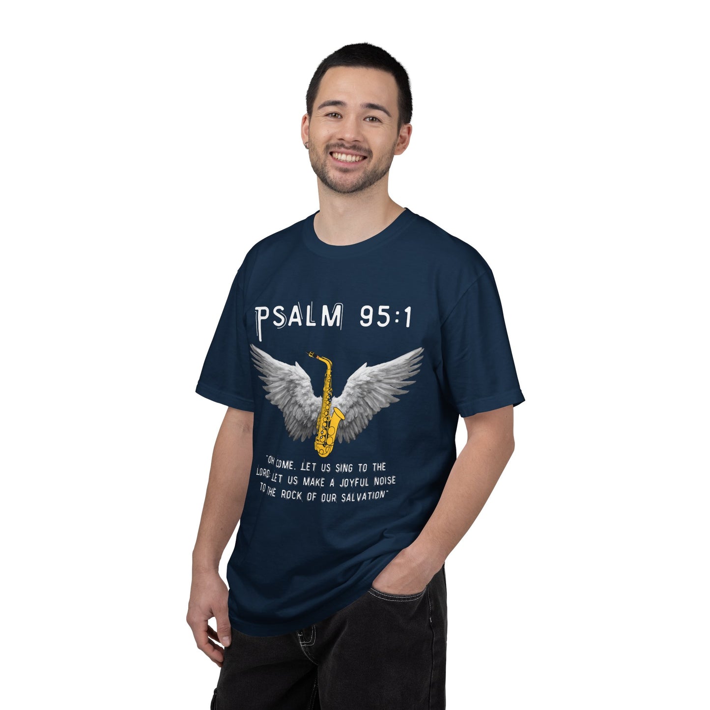 Christian T‑Shirt Psalm 95:1 Saxophone Wings — 'O Come, Let Us Sing' Worship Tee