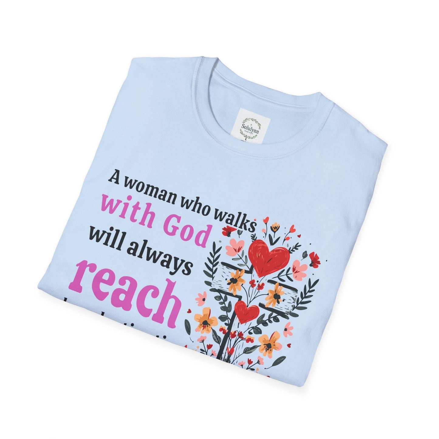 Christian Women’s Inspirational T-Shirt — “A woman who walks with God will always reach her destination” Floral Faith Tee