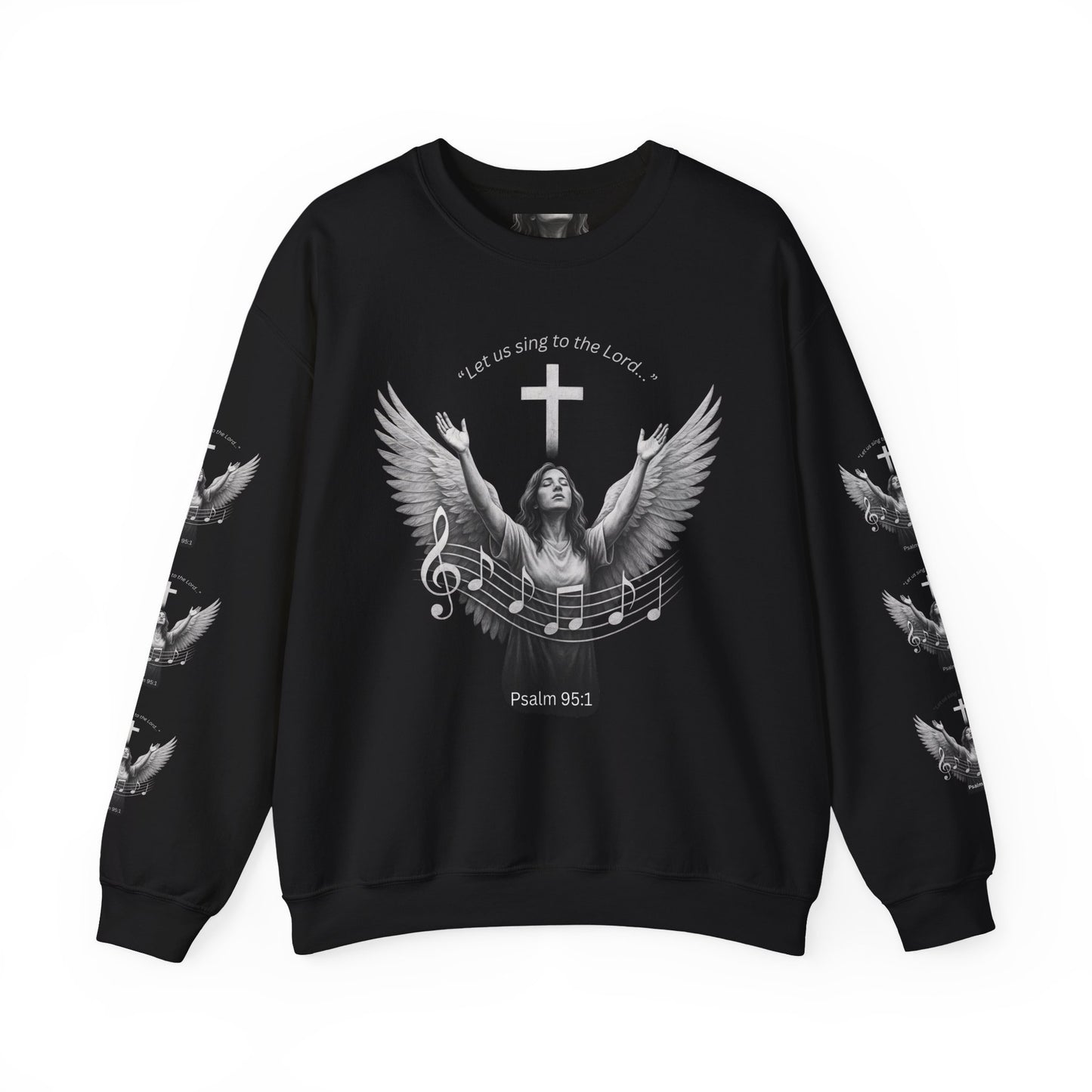 Christian Crewneck Sweatshirt – Psalm 95:1 Angel Wings Cross Music Design